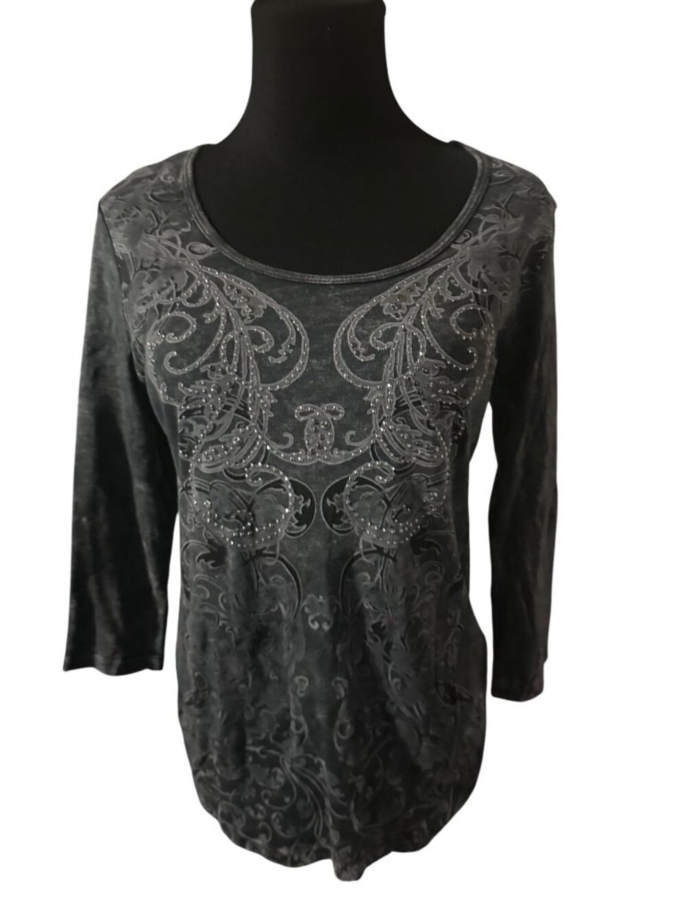 B.L.E.U. gray long sleeve beaded botanical print top size S